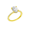 A three-quarter view of the Oval cut diamond engagement ring in 14k yellow gold with a prong diamond band and cathedral setting