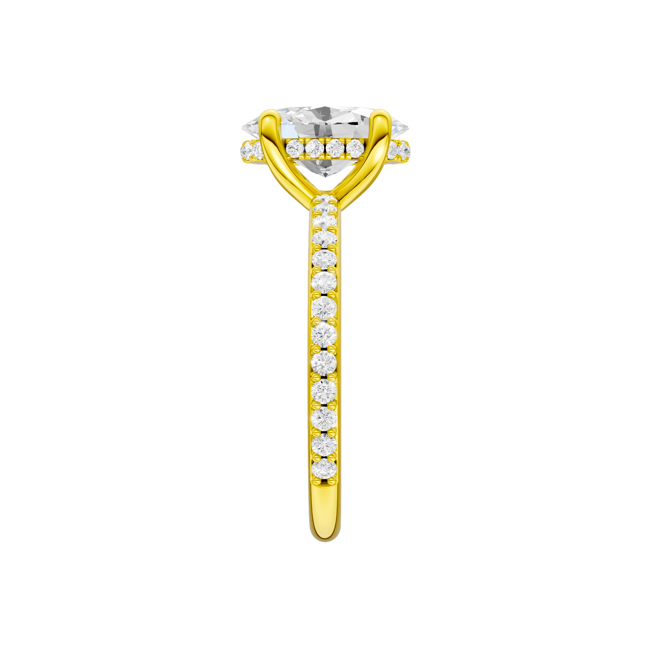A side view of the Oval cut diamond engagement ring in 14k yellow gold with a prong diamond band and cathedral setting