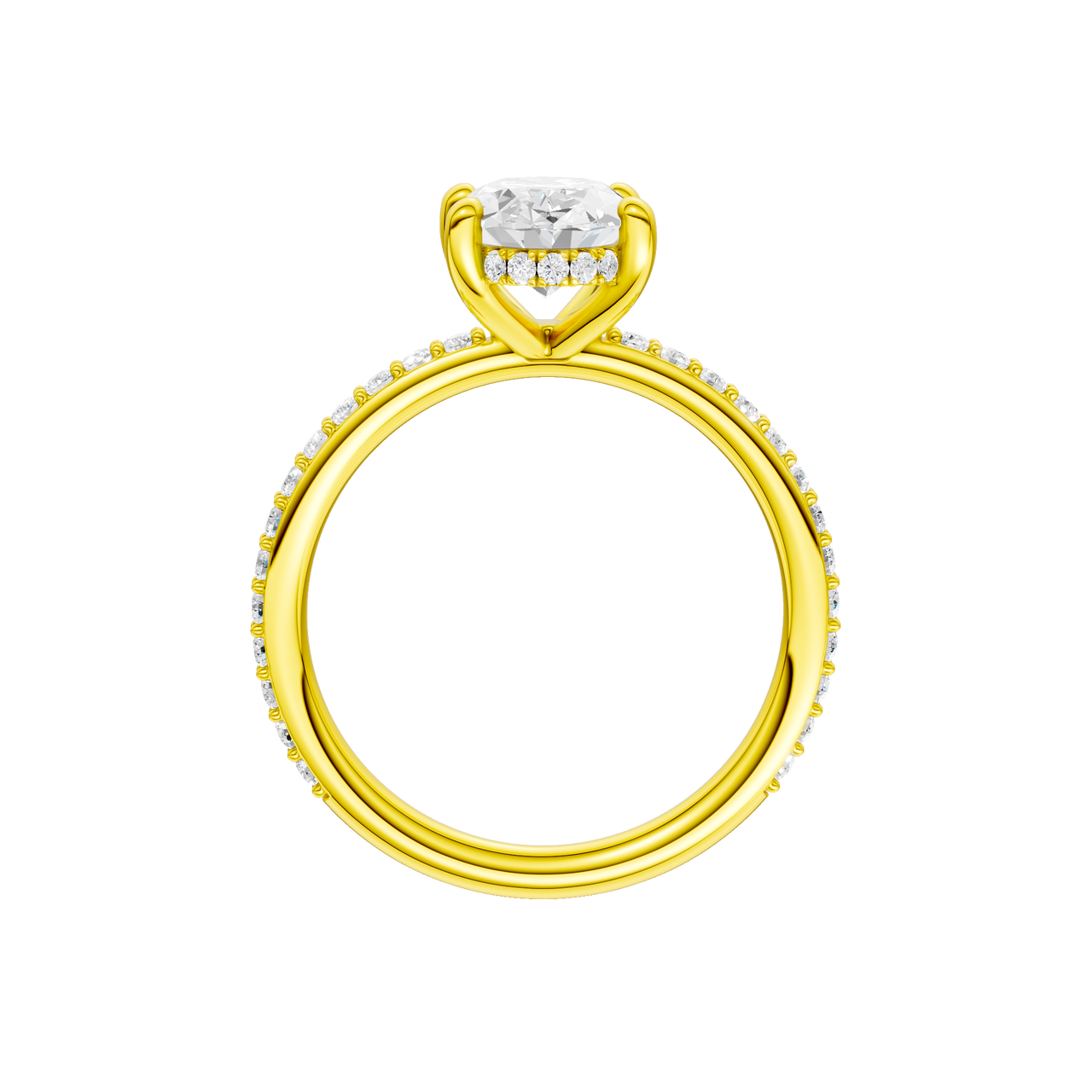 A profile view of the Oval cut diamond engagement ring in 14k yellow gold with a prong diamond band and cathedral setting