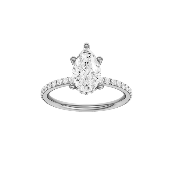 A front view of the Pear cut diamond engagement ring in 14k white gold with a prong diamond band and cathedral setting