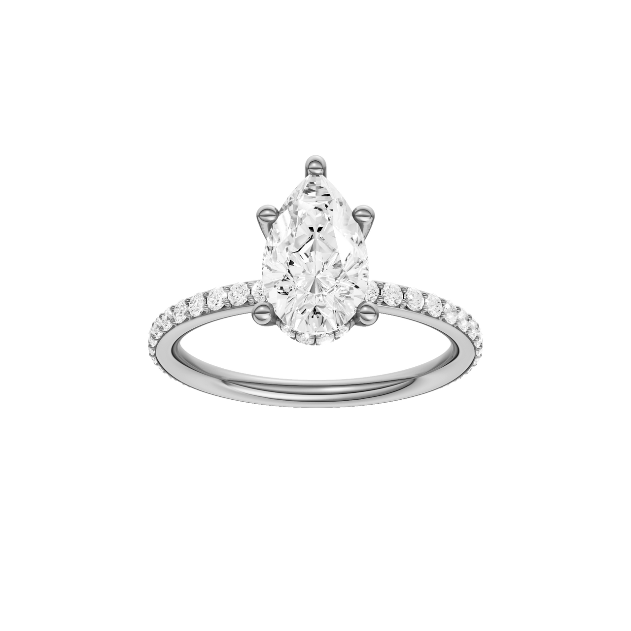 A front view of the Pear cut diamond engagement ring in 14k white gold with a prong diamond band and cathedral setting