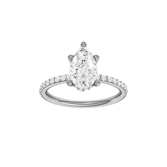 A front view of the Pear cut diamond engagement ring in 14k white gold with a prong diamond band and cathedral setting