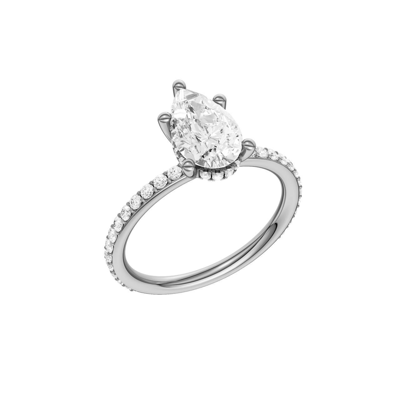 A three-quarter view of the Pear cut diamond engagement ring in 14k white gold with a prong diamond band and cathedral setting
