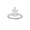 A front view of the Pear cut diamond engagement ring in platinum with a prong diamond band and cathedral setting
