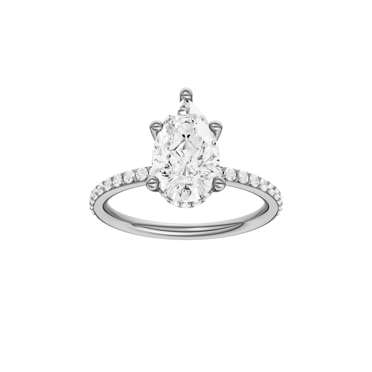 A front view of the Pear cut diamond engagement ring in platinum with a prong diamond band and cathedral setting