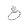 A three-quarter view of the Pear cut diamond engagement ring in platinum with a prong diamond band and cathedral setting