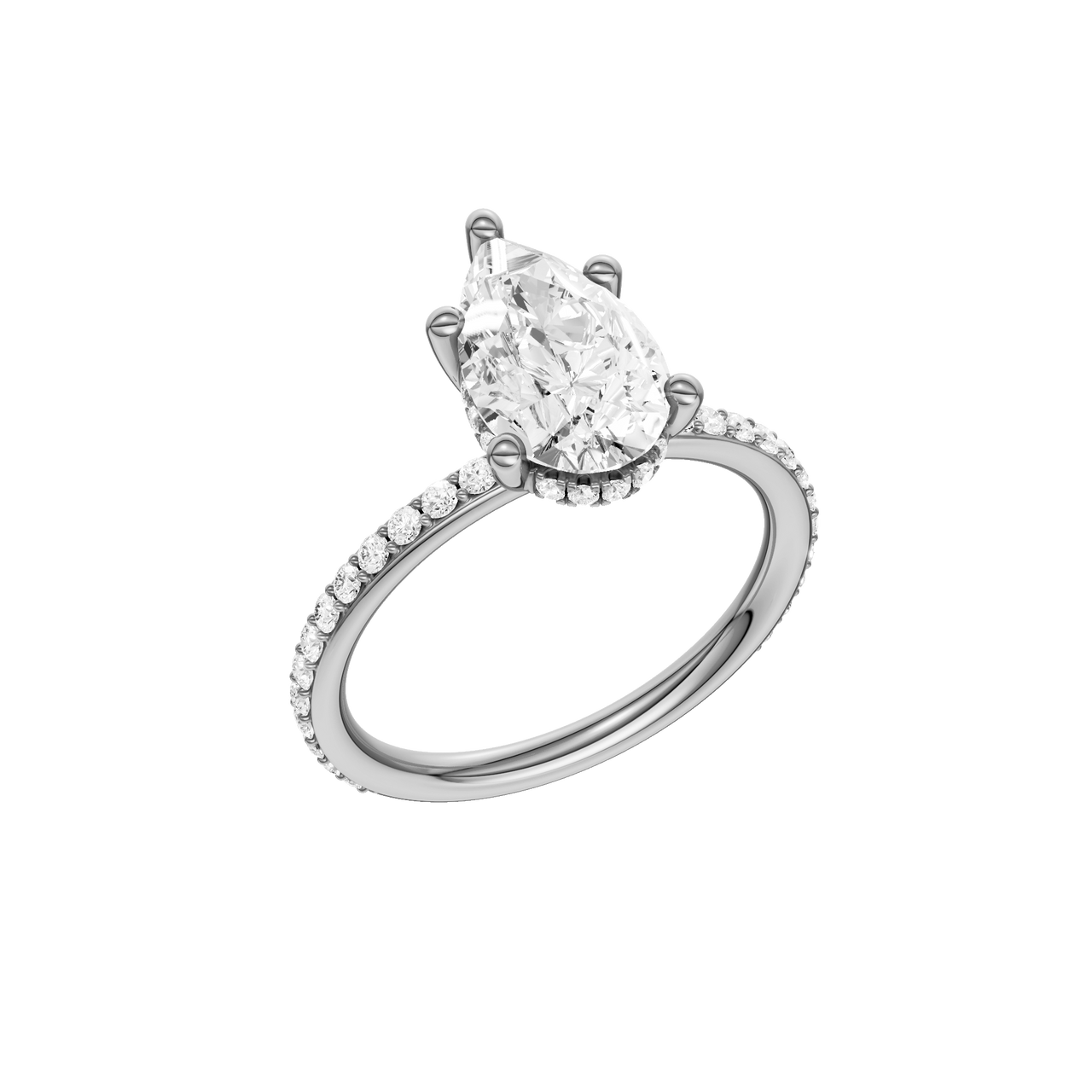 A three-quarter view of the Pear cut diamond engagement ring in platinum with a prong diamond band and cathedral setting