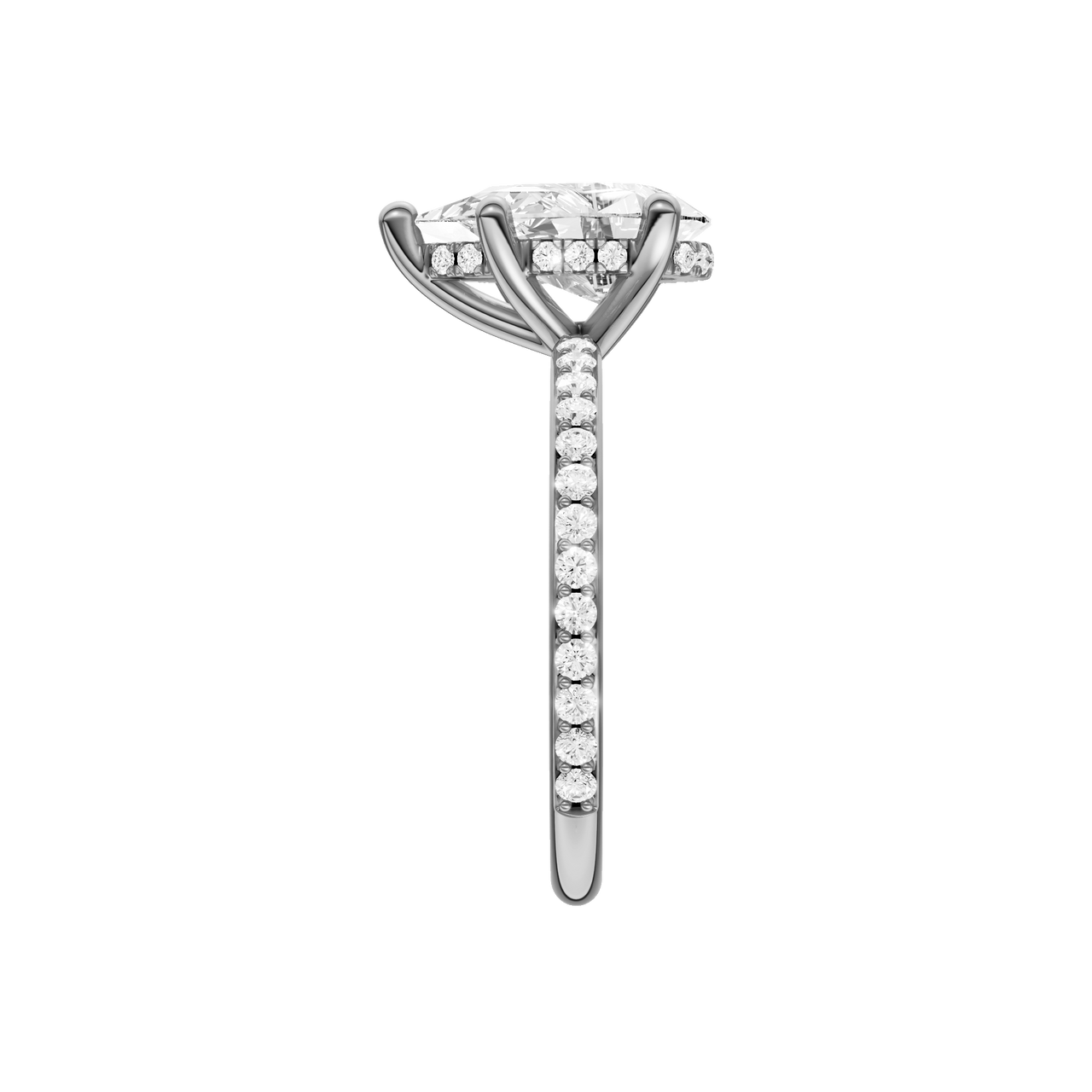 A side view of the Pear cut diamond engagement ring in platinum with a prong diamond band and cathedral setting