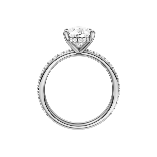A profile view of the Pear cut diamond engagement ring in platinum with a prong diamond band and cathedral setting