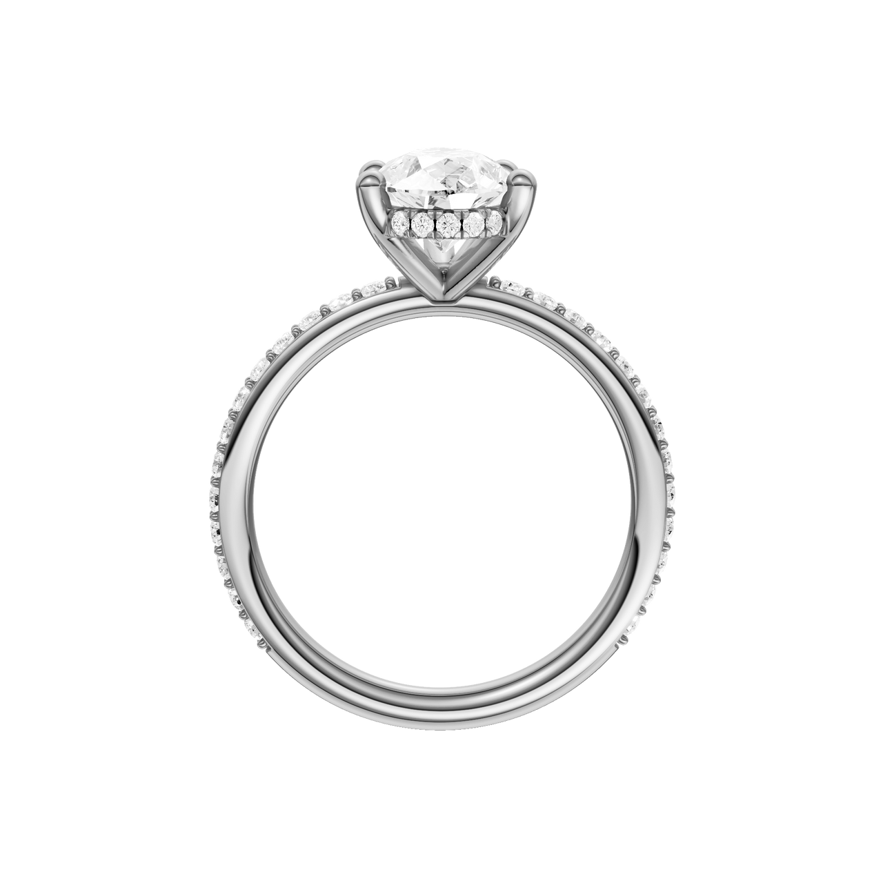 A profile view of the Pear cut diamond engagement ring in platinum with a prong diamond band and cathedral setting