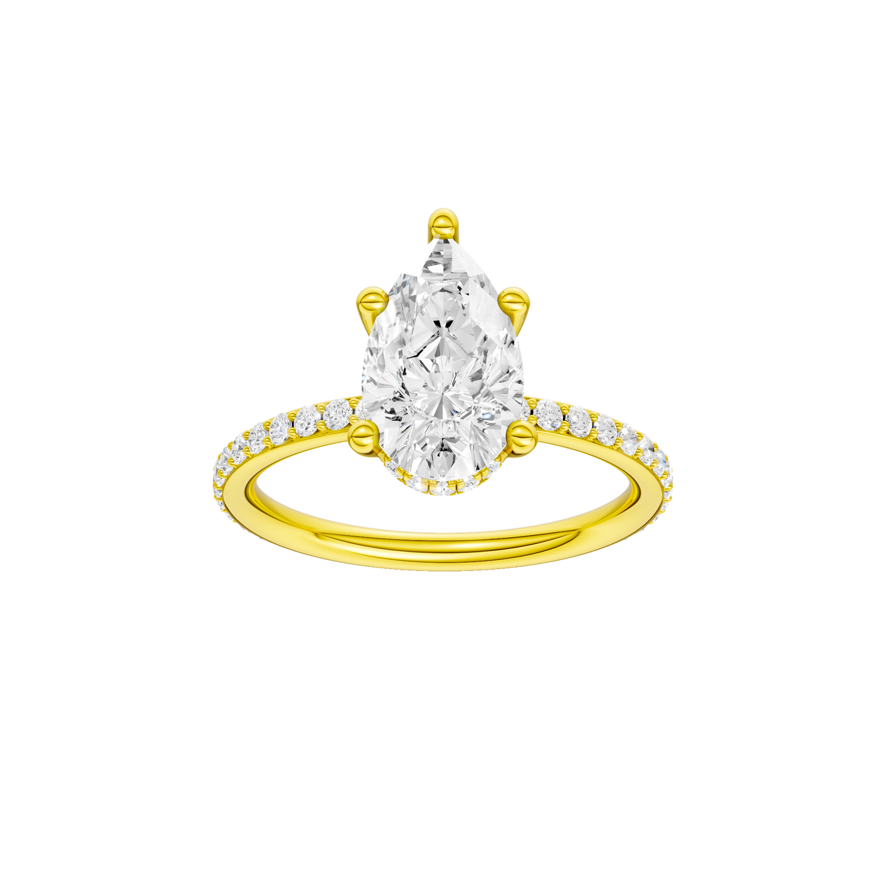 A front view of the Pear cut diamond engagement ring in 14k yellow gold with a prong diamond band and cathedral setting