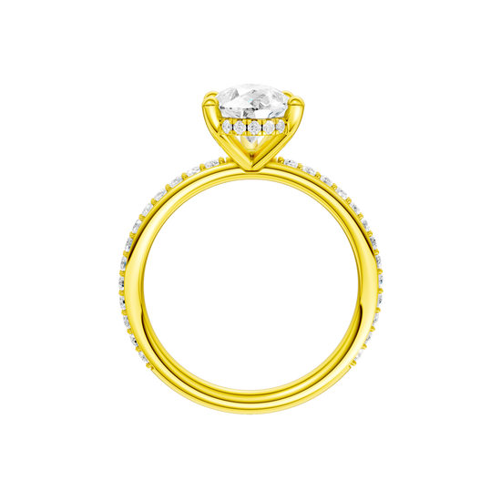 A profile view of the Pear cut diamond engagement ring in 14k yellow gold with a prong diamond band and cathedral setting