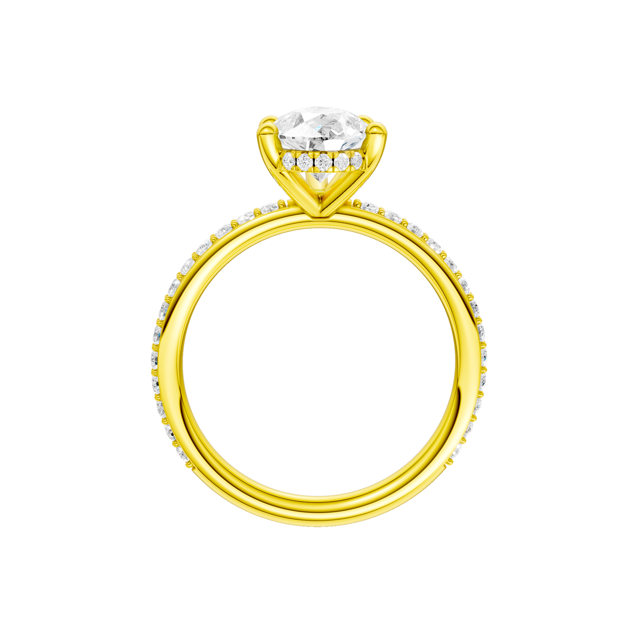 A profile view of the Pear cut diamond engagement ring in 14k yellow gold with a prong diamond band and cathedral setting