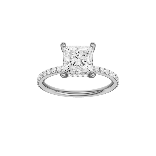 A front view of the Princess cut diamond engagement ring in platinum with a prong diamond band and cathedral setting