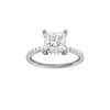 A front view of the Princess cut diamond engagement ring in platinum with a prong diamond band and cathedral setting