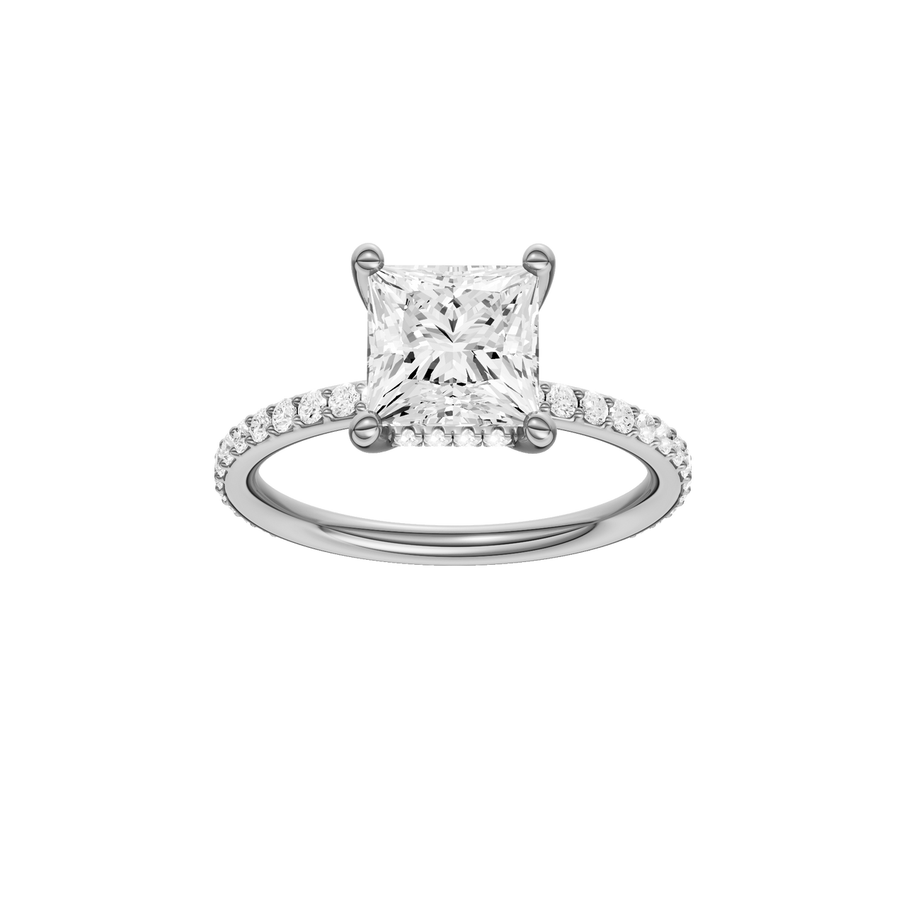 A front view of the Princess cut diamond engagement ring in platinum with a prong diamond band and cathedral setting