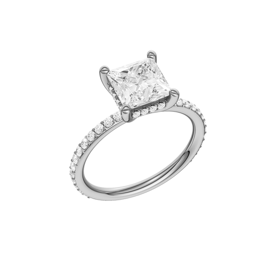 A three-quarter view of the Princess cut diamond engagement ring in 14k white gold with a prong diamond band and cathedral setting