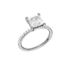 A three-quarter view of the Princess cut diamond engagement ring in platinum with a prong diamond band and cathedral setting