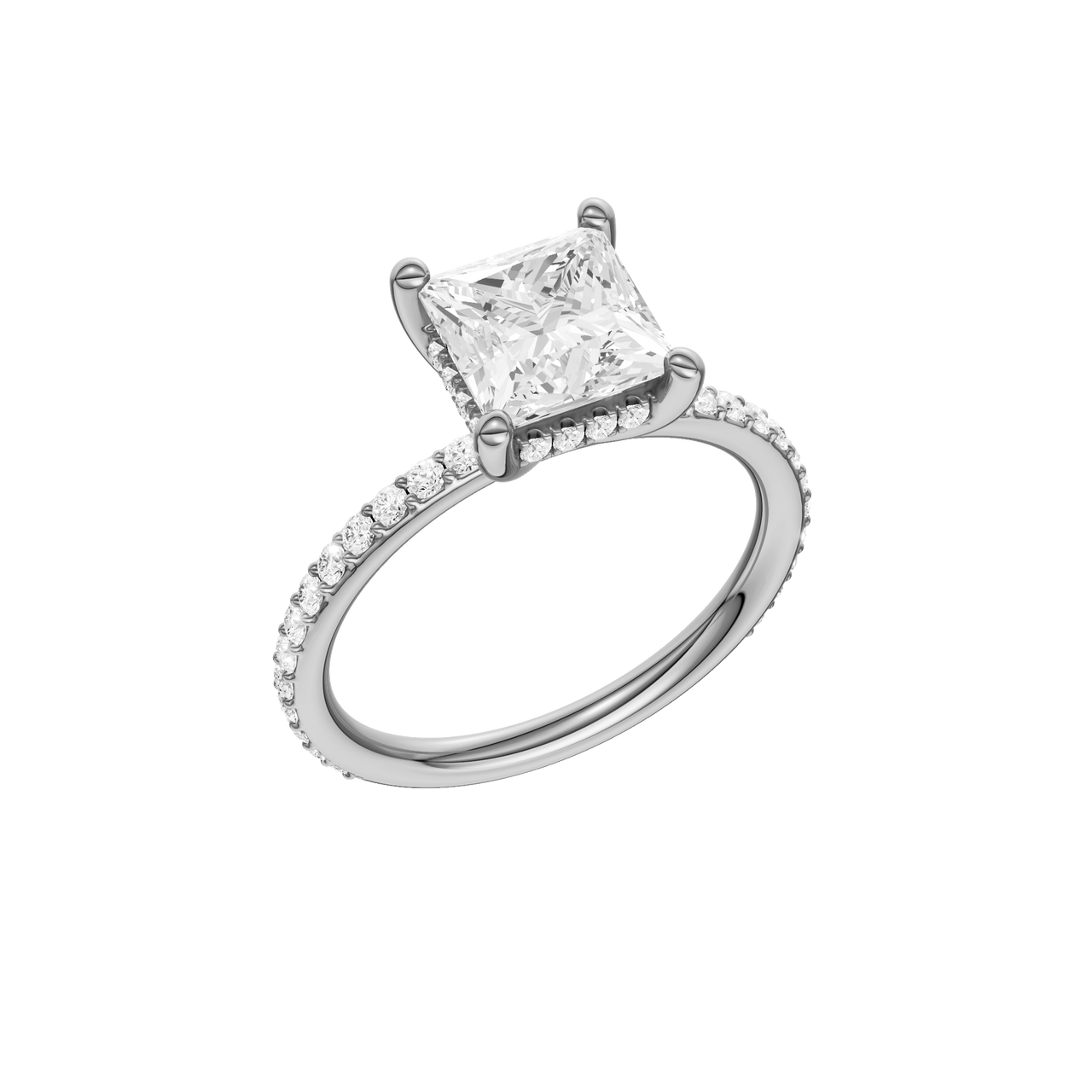 A three-quarter view of the Princess cut diamond engagement ring in platinum with a prong diamond band and cathedral setting