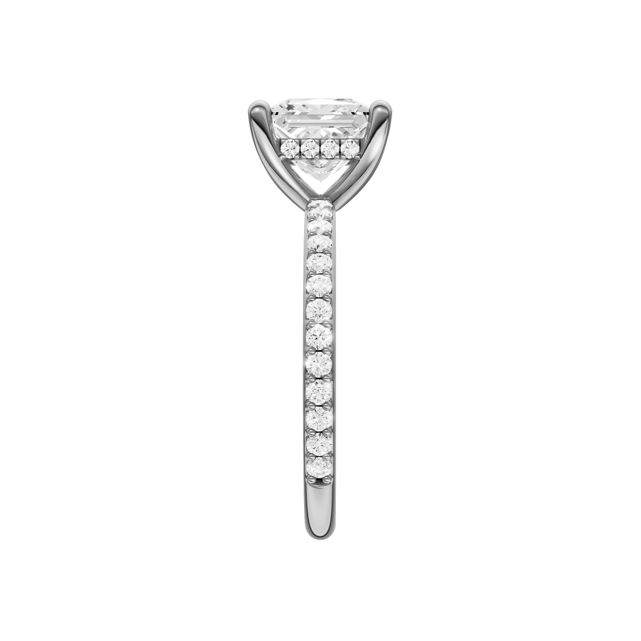 A side view of the Princess cut diamond engagement ring in platinum with a prong diamond band and cathedral setting