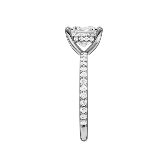 A side view of the Princess cut diamond engagement ring in 14k white gold with a prong diamond band and cathedral setting
