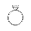 A profile view of the Princess cut diamond engagement ring in platinum with a prong diamond band and cathedral setting