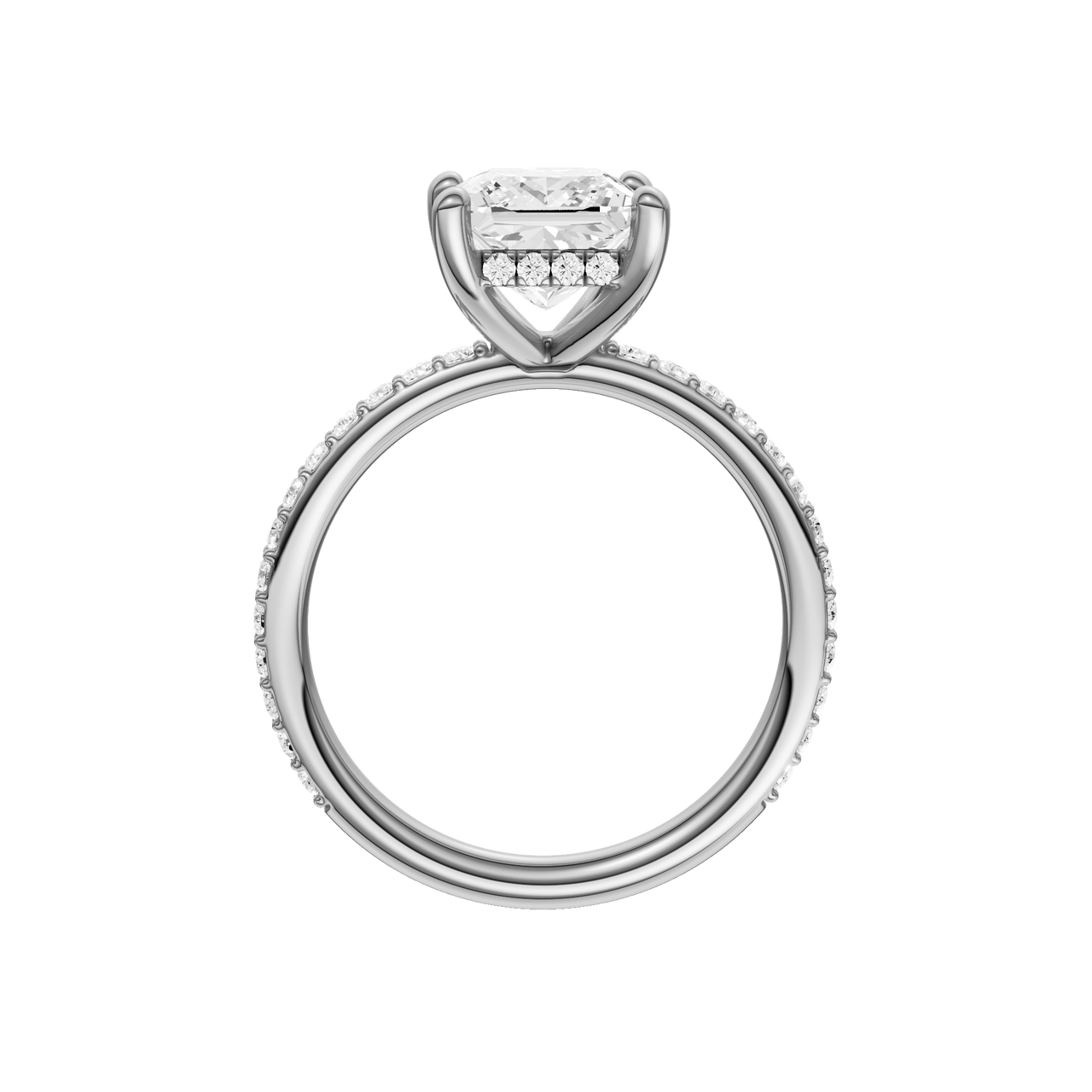 A profile view of the Princess cut diamond engagement ring in platinum with a prong diamond band and cathedral setting