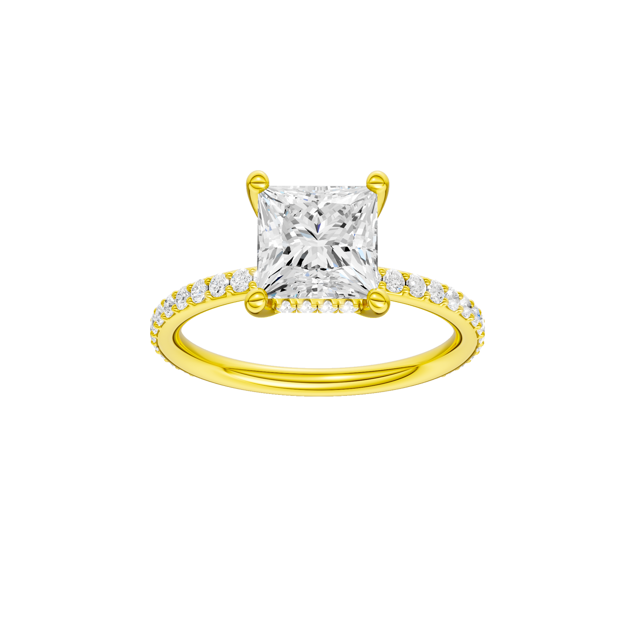 A front view of the Princess cut diamond engagement ring in 14k yellow gold with a prong diamond band and cathedral setting