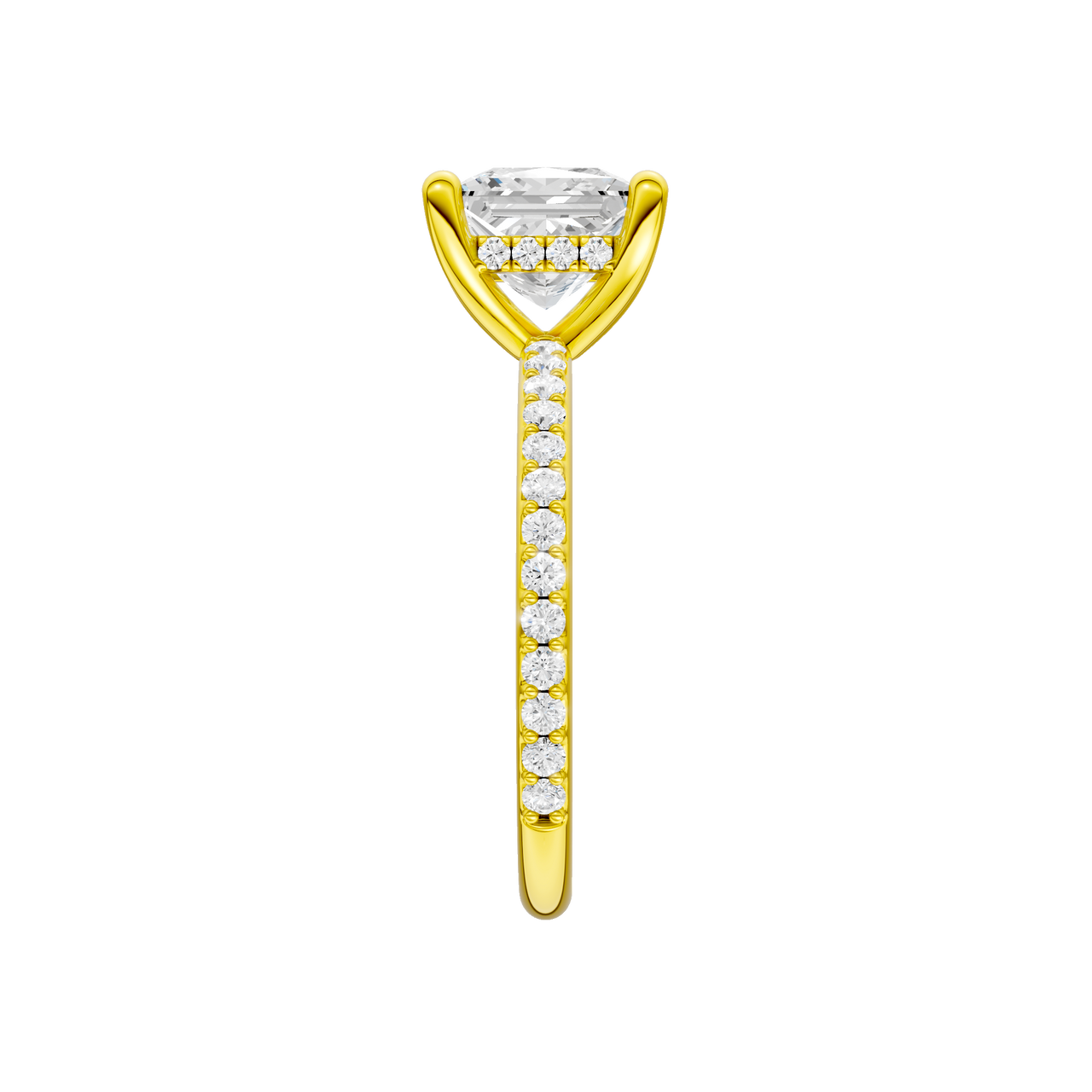 A side view of the Princess cut diamond engagement ring in 14k yellow gold with a prong diamond band and cathedral setting