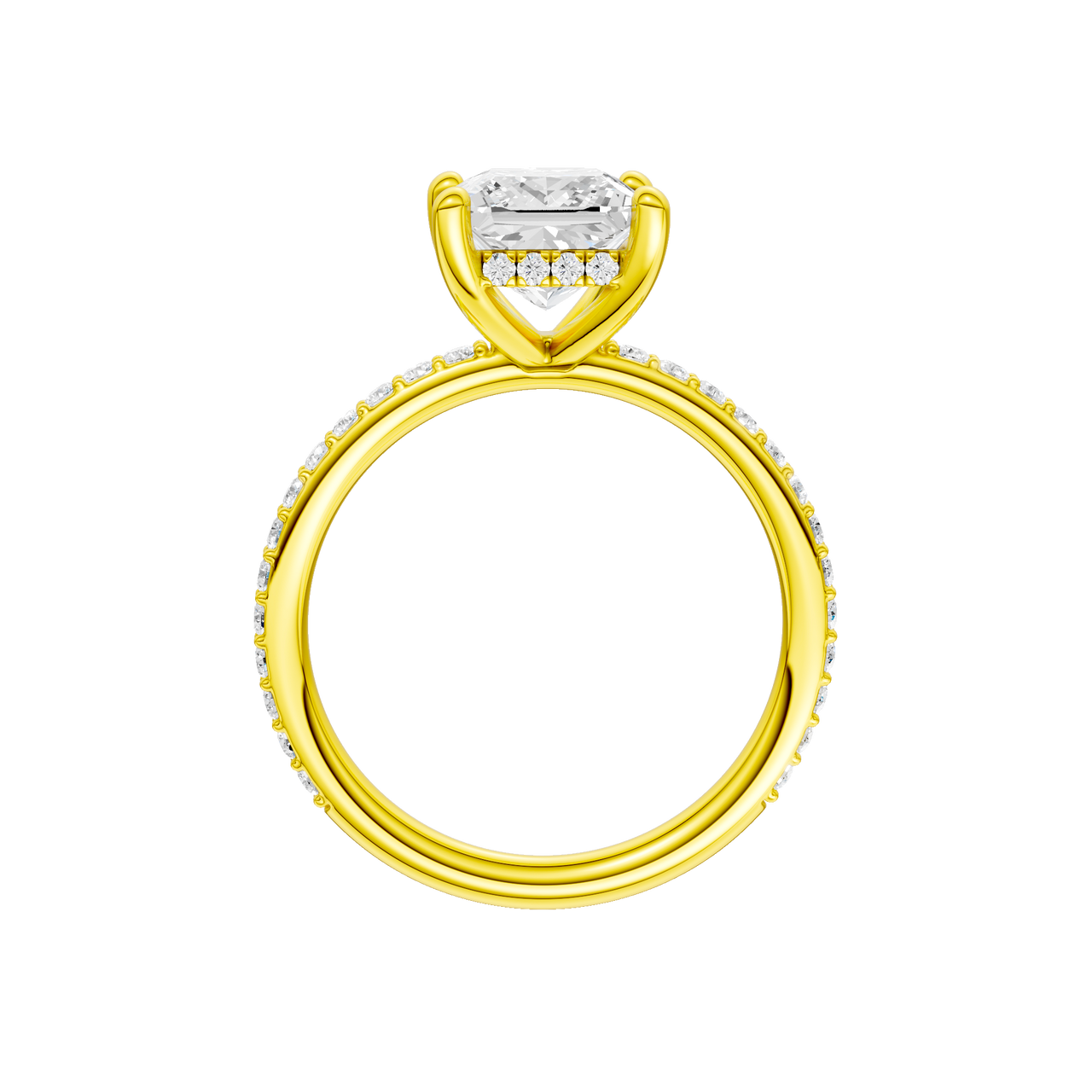 A profile view of the Princess cut diamond engagement ring in 14k yellow gold with a prong diamond band and cathedral setting