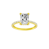 A front view of the Radiant cut diamond engagement ring in 14k yellow gold with a diamond band and hidden halo, cathedral setting