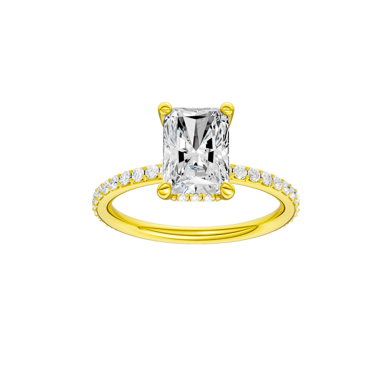A front view of the Radiant cut diamond engagement ring in 14k yellow gold with a diamond band and hidden halo, cathedral setting