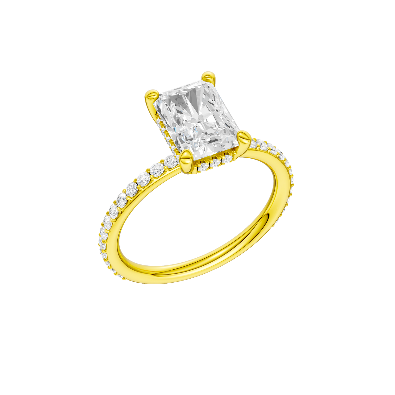 A three-quarter view of the Radiant cut diamond engagement ring in 14k yellow gold with a diamond band and hidden halo, cathedral setting