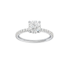 A front view of the Round cut diamond engagement ring in 14k white gold with a prong diamond band and cathedral setting