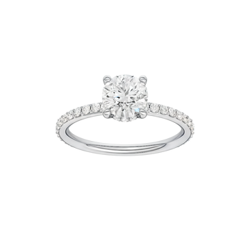 A front view of the Round cut diamond engagement ring in 14k white gold with a prong diamond band and cathedral setting