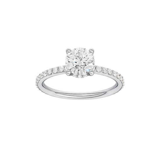A front view of the Round cut diamond engagement ring in platinum with a prong diamond band and cathedral setting