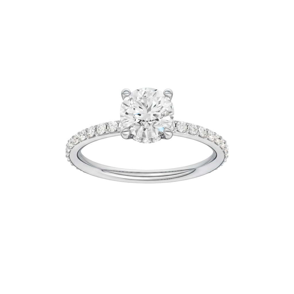 A front view of the Round cut diamond engagement ring in platinum with a prong diamond band and cathedral setting