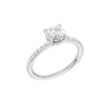 A three-quarter view of the Round cut diamond engagement ring in 14k white gold with a prong diamond band and cathedral setting