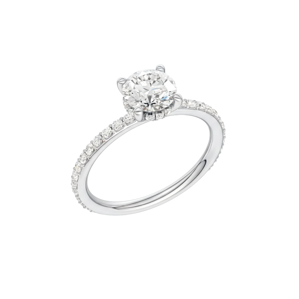 A three-quarter view of the Round cut diamond engagement ring in platinum with a prong diamond band and cathedral setting