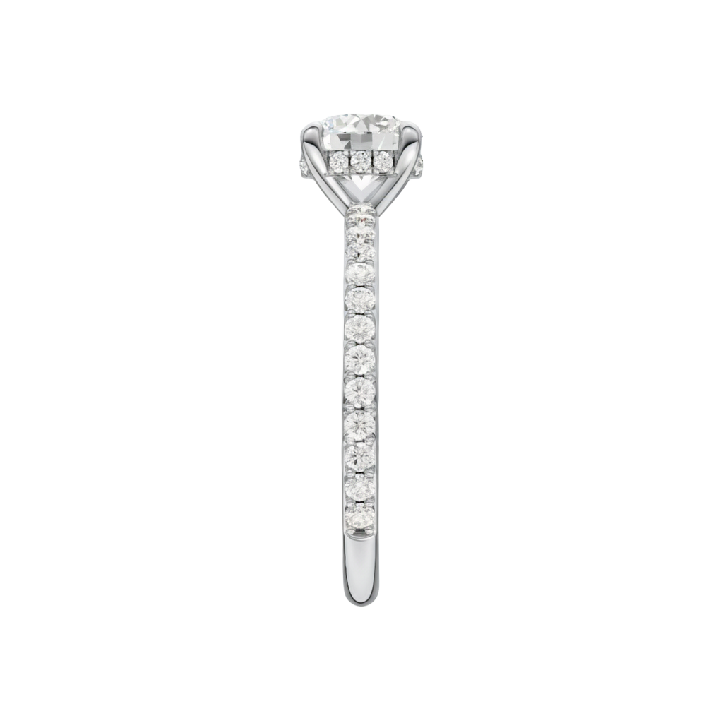A side view of the Round cut diamond engagement ring in platinum with a prong diamond band and cathedral setting