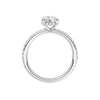 A profile view of the Round cut diamond engagement ring in platinum with a prong diamond band and cathedral setting