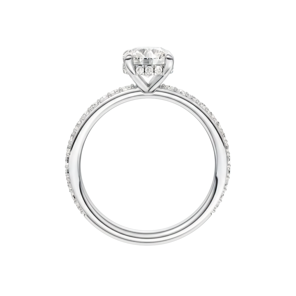 A profile view of the Round cut diamond engagement ring in platinum with a prong diamond band and cathedral setting
