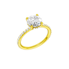 A three-quarter view of the Round cut diamond engagement ring in 14k yellow gold with a prong diamond band and cathedral setting