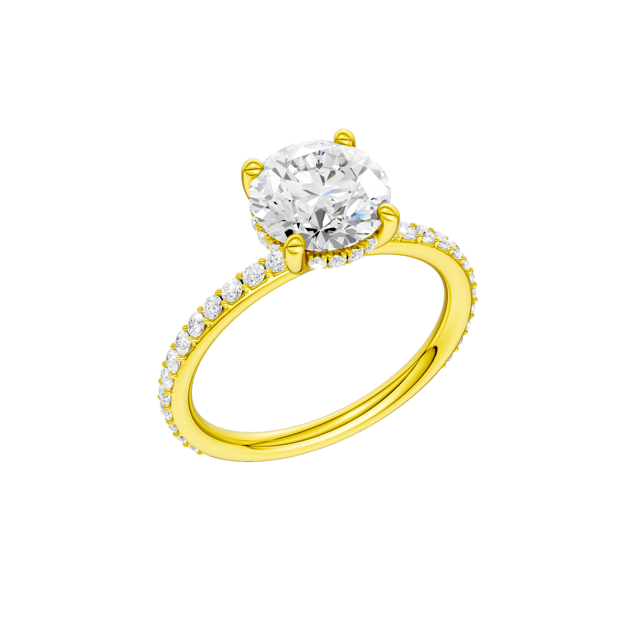 A three-quarter view of the Round cut diamond engagement ring in 14k yellow gold with a prong diamond band and cathedral setting
