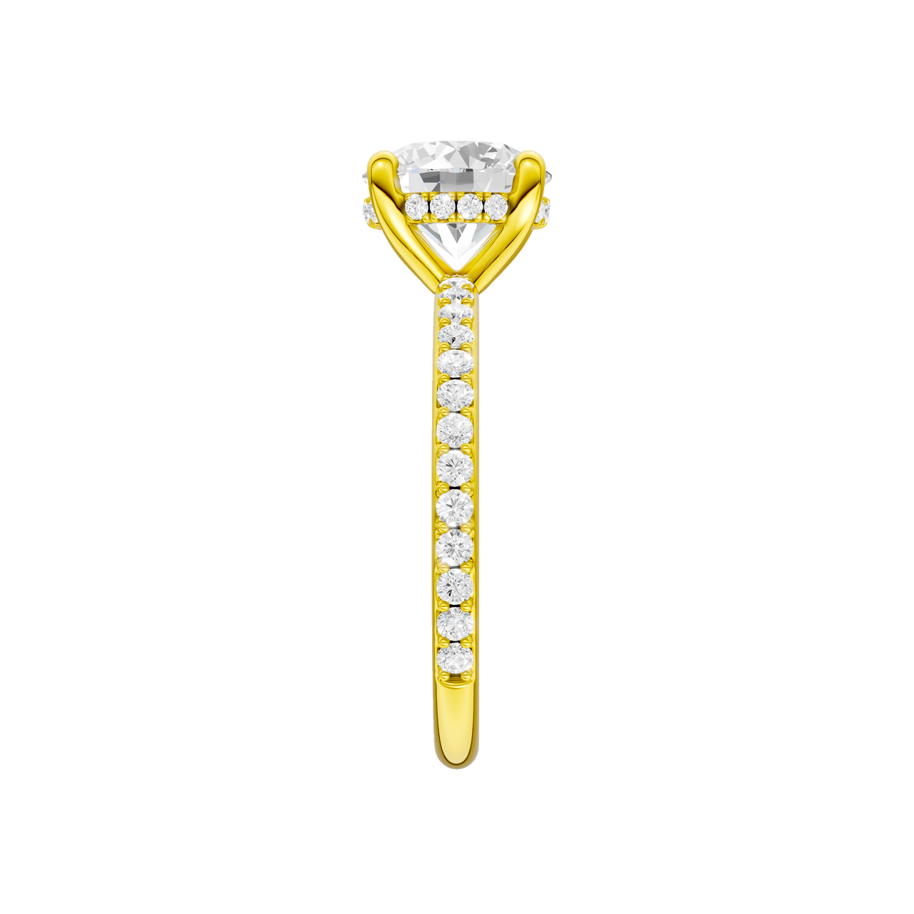 A side view of the Round cut diamond engagement ring in 14k yellow gold with a prong diamond band and cathedral setting