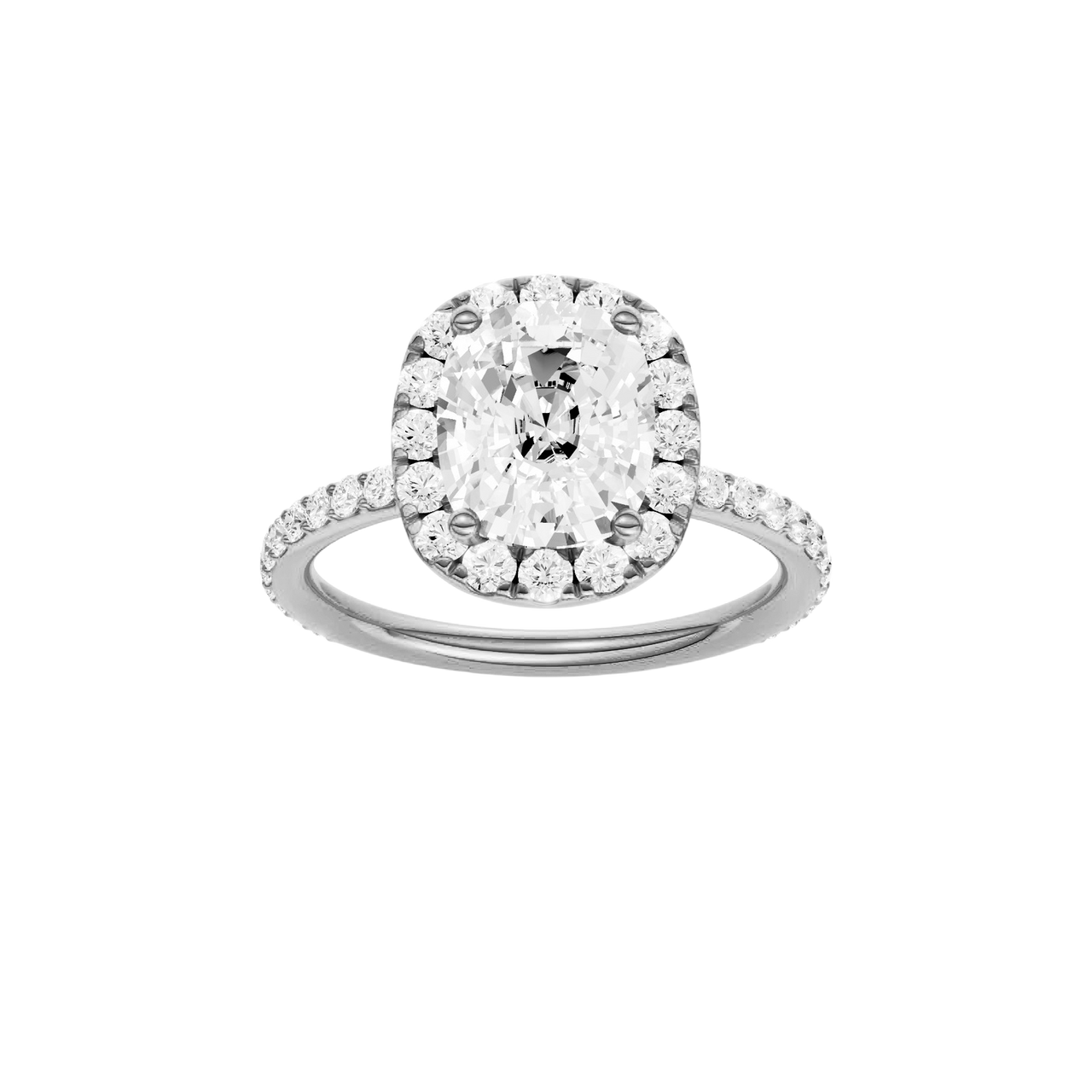 A front view of the Elongated Cushion cut diamond engagement ring in 14k white gold with a prong band and solitaire setting