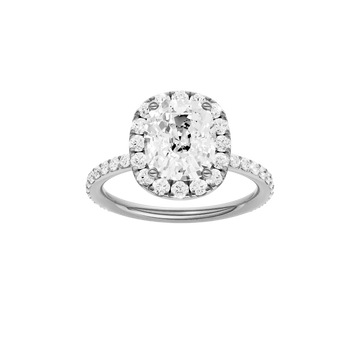 A front view of the Elongated Cushion cut diamond engagement ring in 14k white gold with a prong band and solitaire setting