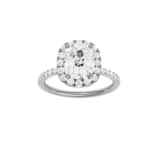 A front view of the Elongated Cushion cut diamond engagement ring in 14k white gold with a prong band and solitaire setting