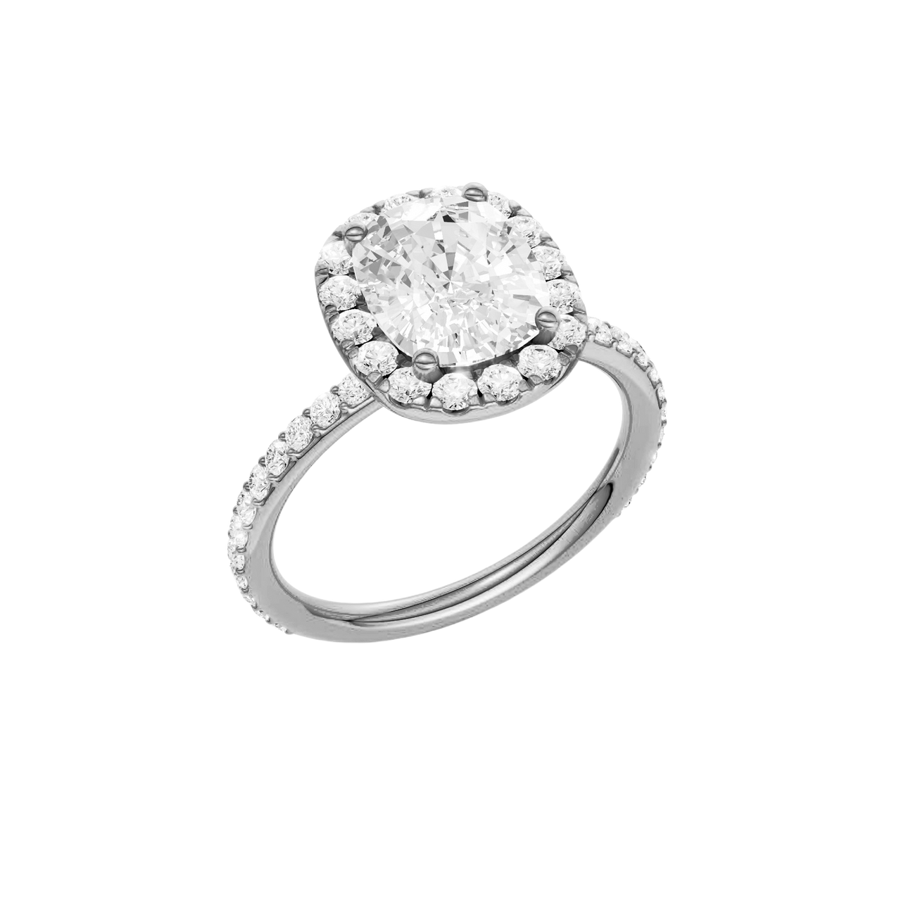 A three-quarter view of the Elongated Cushion cut diamond engagement ring in 14k white gold with a prong band and solitaire setting