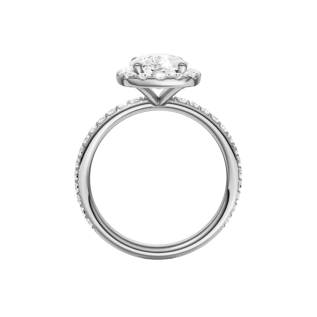 A profile view of the Elongated Cushion cut diamond engagement ring in 14k white gold with a prong band and solitaire setting